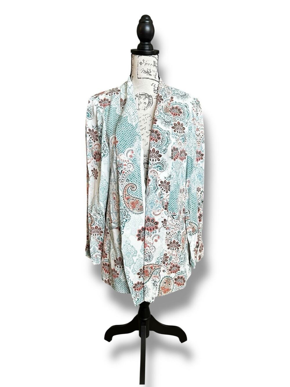 Chico's Blazer Open Front Moroccan Paisley Jacket Turquoise Peach White 2/Large